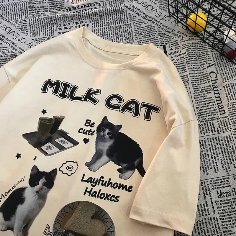 Cat Milk Cartoon Print Short Sleeve T-shirt