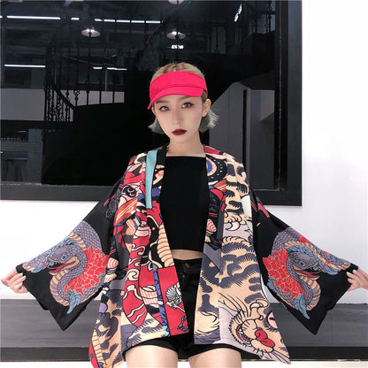 Mask Demon Horn Kimono Cardigan Cartoon Print Loose Blouse Long Sleeve Shirt T-shirt Top E-Girl Kawaii Korean Japanese Harajuku Streetwear