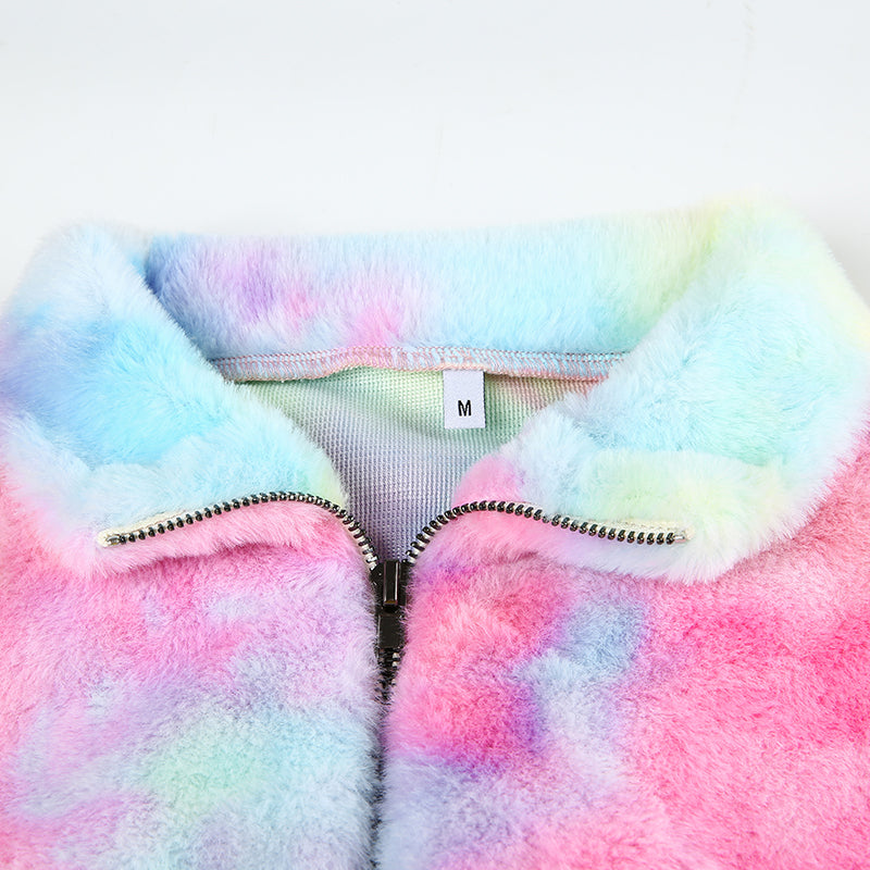Cute Casual Rainbow Furry Tie Dye Plush Crop Long Sleeve Loose Sweatshirt Pullover E-Girl Kawaii Korean Japanese Harajuku Retro Streetwear Aesthetic