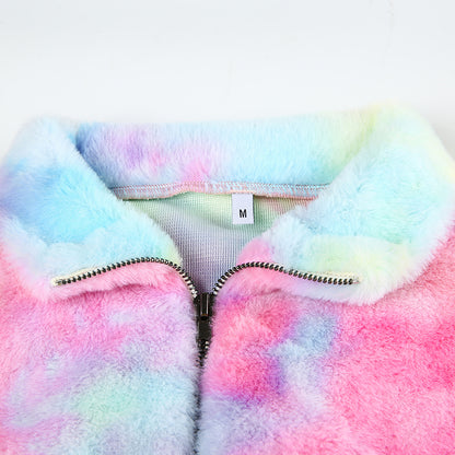Cute Casual Rainbow Furry Tie Dye Plush Crop Long Sleeve Loose Sweatshirt Pullover E-Girl Kawaii Korean Japanese Harajuku Retro Streetwear Aesthetic
