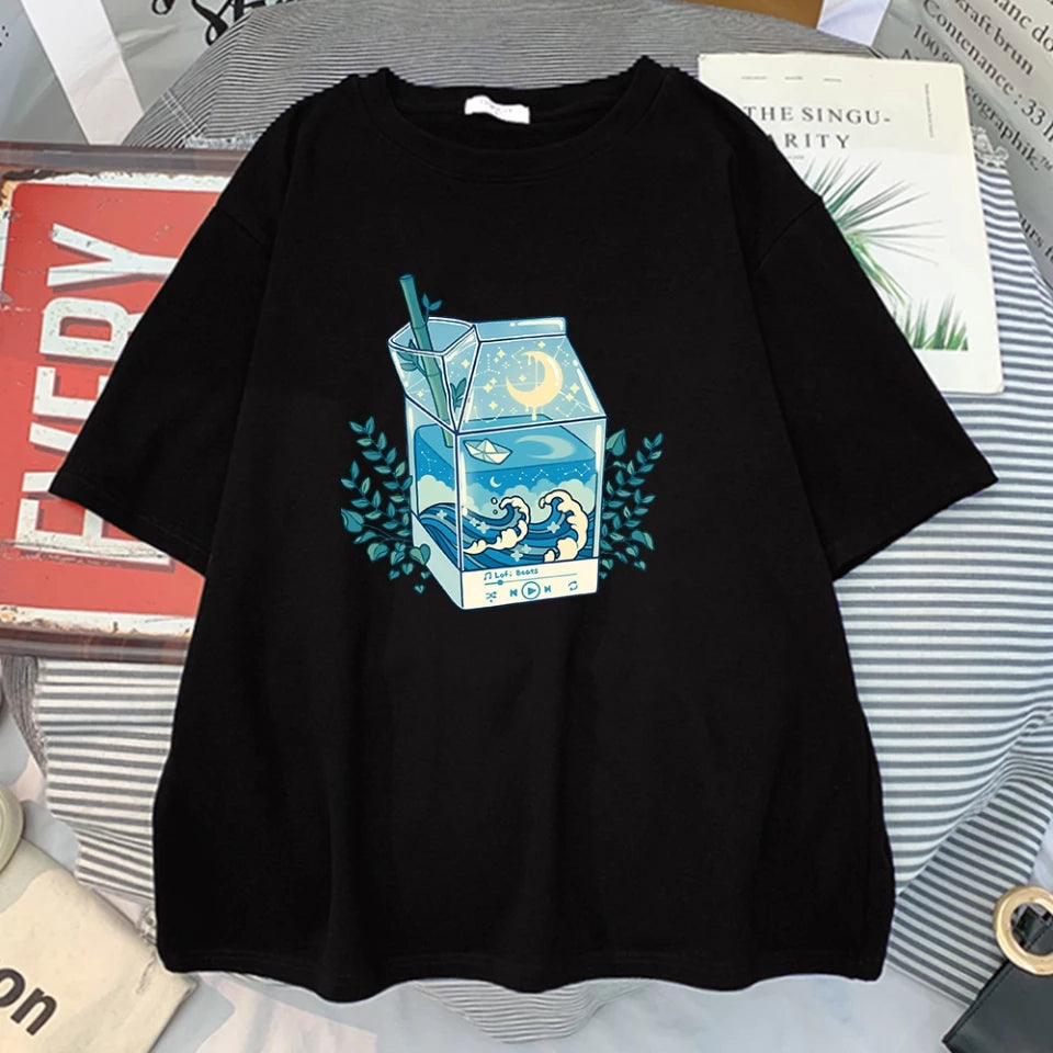 Cute Milk Box Moonlight Waves Print Crewneck Oversized Short Sleeve Shirt Aesthetic Casual E-Girl Kawaii Korean Japanese Harajuku