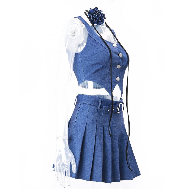 Blue Denim Button Vest + Pleated Mini Skirt