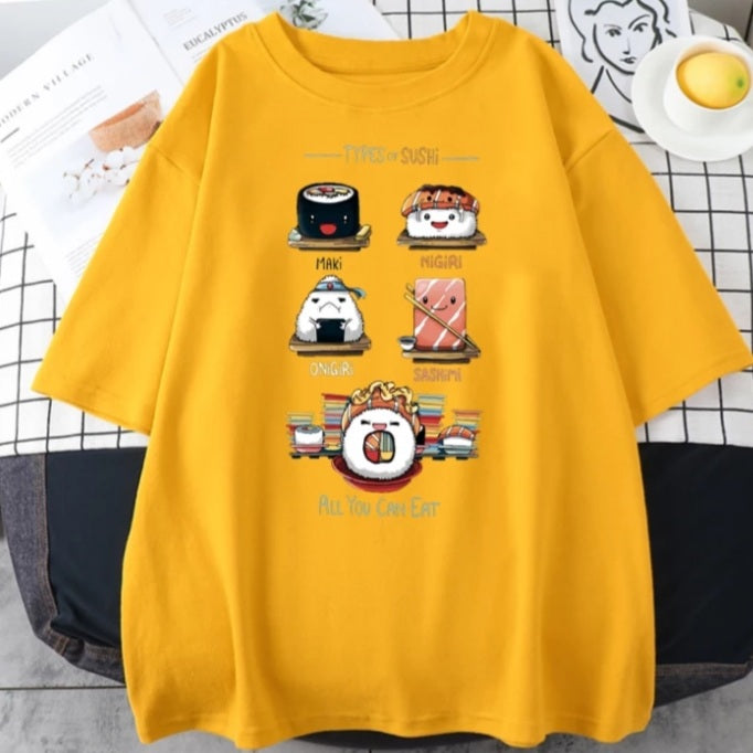 Cute Sushi Food Graphic Cartoon Print Loose Short Sleeve T-shirt Aesthetic Casual Summer E-Girl Kawaii Korean Japanese Harajuku
