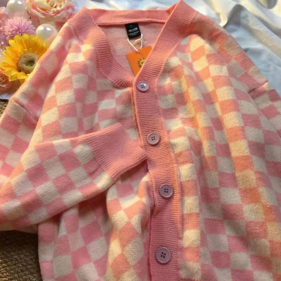 Pink Checkered Button Knit Cardigan