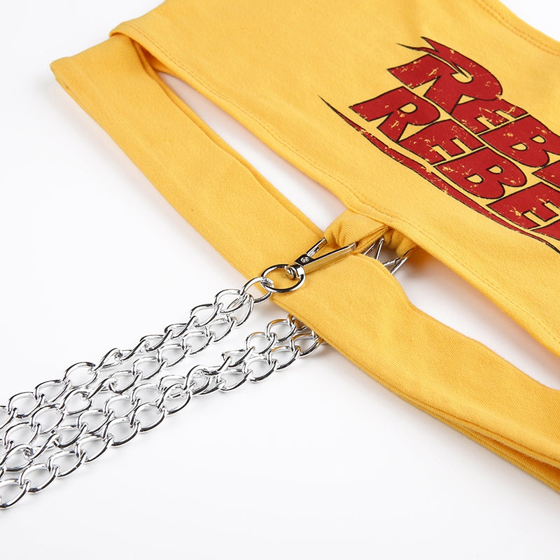 Sexy Yellow Rebel Letter Print Biker Punk Goth Hallow Out Metal Chain Crop Top Tank E-Girl Kawaii Korean Japanese Harajuku Retro Streetwear