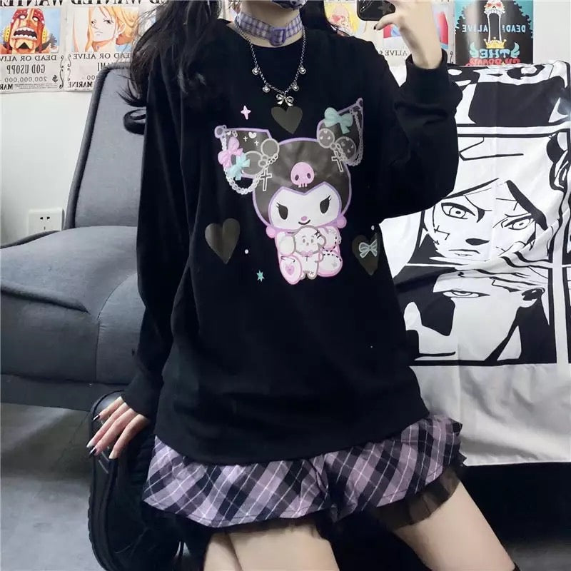 Cute Black Japanese Anime Cartoon Print Loose Oversize Long Sleeve T-shirt