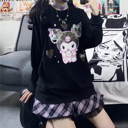 Cute Black Japanese Anime Cartoon Print Loose Oversize Long Sleeve T-shirt