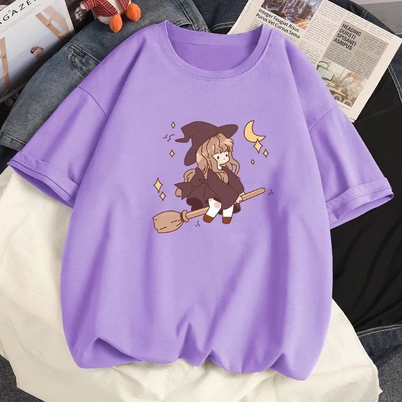 Cute Witch Anime Girl Cresent Moon Print Oversized Short Sleeve Shirt Summer Aesthetic Casual E-Girl Kawaii Korean Japanese Harajuku