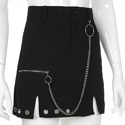 Sexy Black Goth Punk Demin Metal Chain Patchwork High Waisted Mini Skirt Zipper Split A-line E-Girl Kawaii Korean Japanese Harajuku Retro Streetwear
