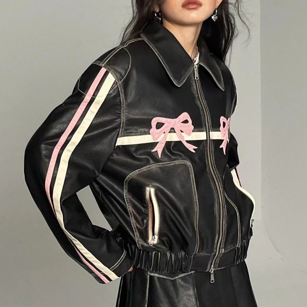 Bow Knot PU Leather Bomber Jacket