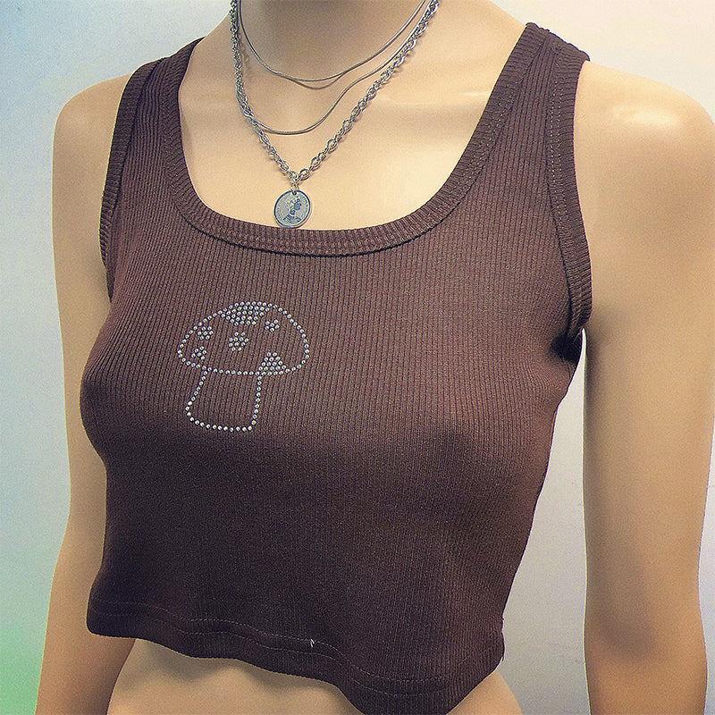 Cute 90s Vintage Brown Mushroom Diamond Aesthetics Crop Top Tank Sleeveless Shirt Summer Casual E-Girl Kawaii Korean Japanese Harajuku Streetwear