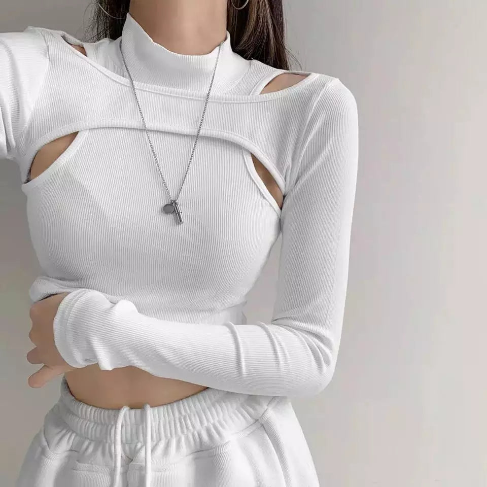 Cute 2pcs K-pop Black White Hollow Knit Long Sleeve Shirt Crop Top Fitness Streetwear Summer Aesthetic Casual E-Girl Kawaii Korean Japanese Harajuku