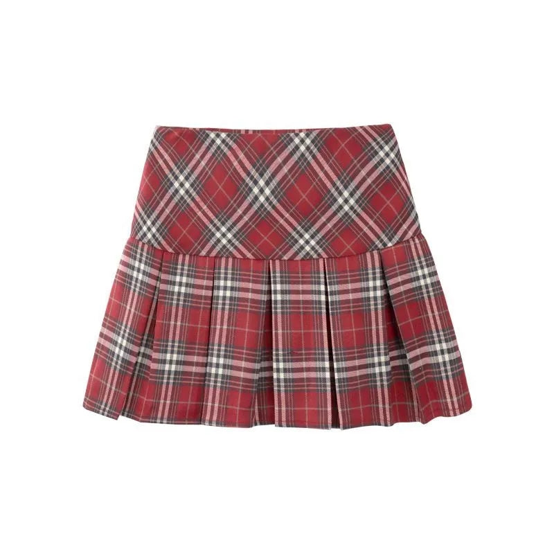 Red Plaid Pleated Mini Skirt