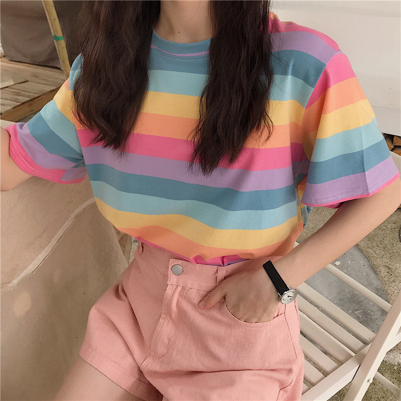 Cute Rainbow Colorful Stripe LGBT Pride Loose Oversized Short Sleeve Shirt Tee T-shirt E-Girl Kawaii Korean Japanese Harajuku Chinese Retro Streetwear