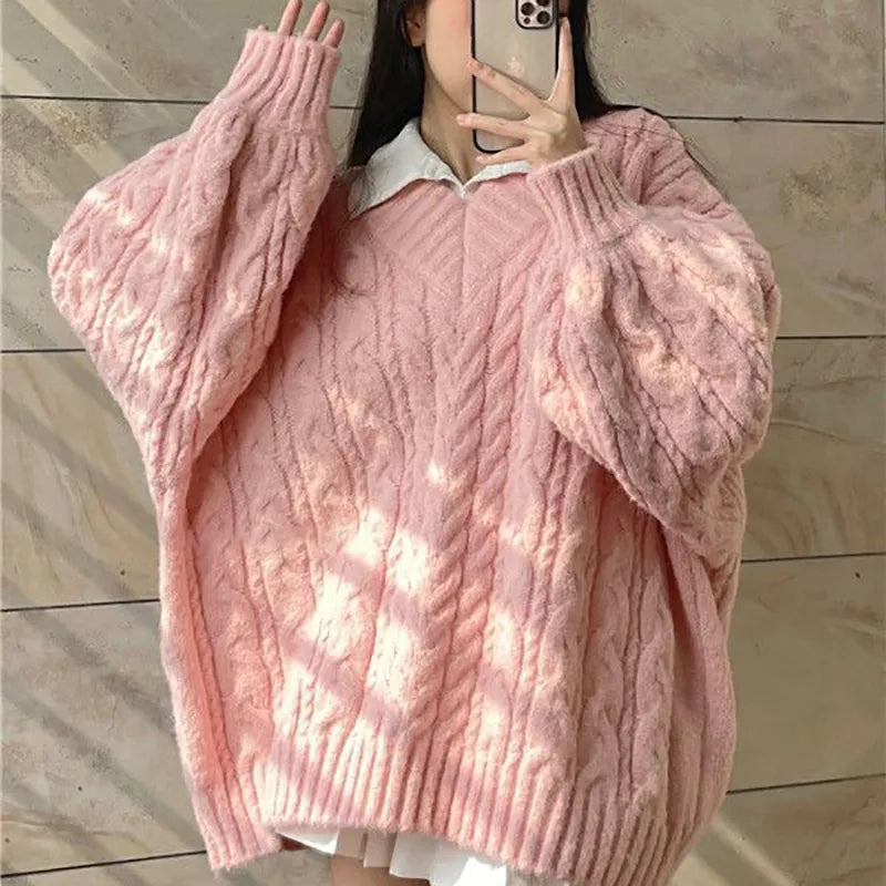 Pink Preppy Cable Knit V Neck Sweater