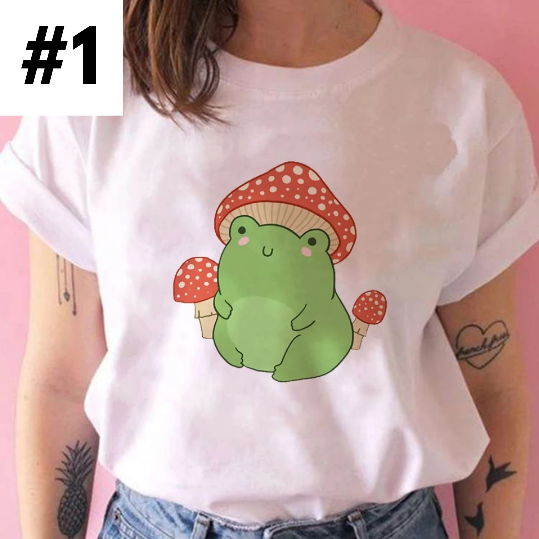 Cute Frog Mushroom Plant Cartoon Print Loose Oversize Short Sleeve T-shirt Punk Aesthetic Casual Summer E-Girl Kawaii Korean Japanese Harajuku