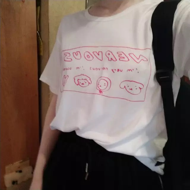 White Nervous Animal Graphic Cartoon Print Loose Oversized Short Sleeve T-shirt Top Summer Causal E-Girl Kawaii Korean Japanese Harajuku Streetwear