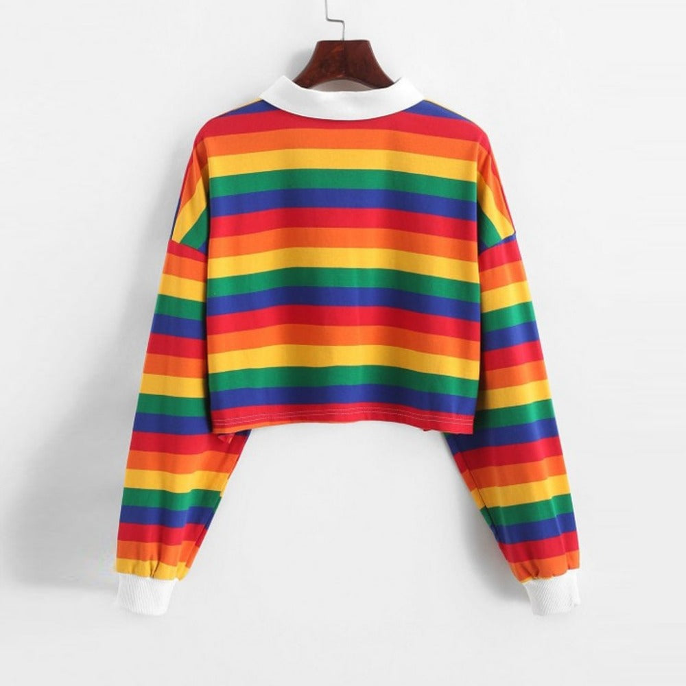 Cute 90s Rainbow Butron Crop Top Sweatshirt Sweater Oversized Hoodies Long Sleeve Shirt Top E-Girl Kawaii Korean Japanese Harajuku Retro Streetwear