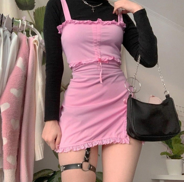 Cute Sweet Sexy Pink Slash Sleeveless Ruffles Sheath Tank Mini Bodycon Dress Aesthetic Casual E-Girl Kawaii Korean Japanese Harajuku