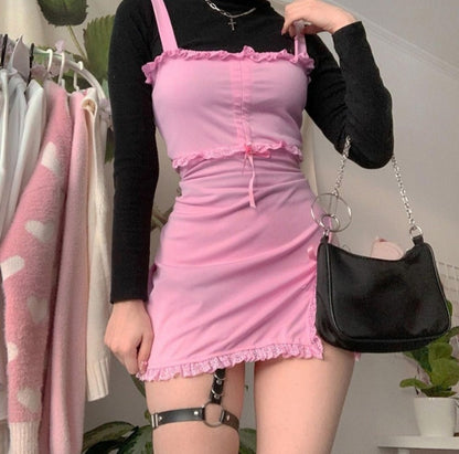 Cute Sweet Sexy Pink Slash Sleeveless Ruffles Sheath Tank Mini Bodycon Dress Aesthetic Casual E-Girl Kawaii Korean Japanese Harajuku