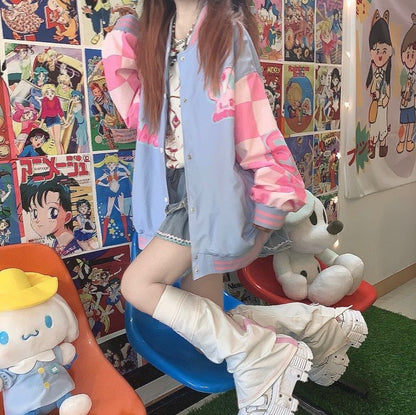 Blue & Pink Rabbit Patchwork Varsity Jacket