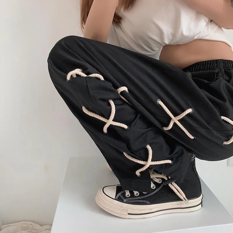 Black Lace Up Wide Leg Trousers