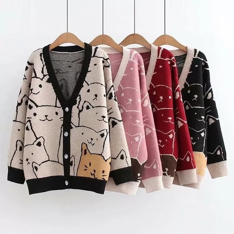 Cat Print V Neck Sweater