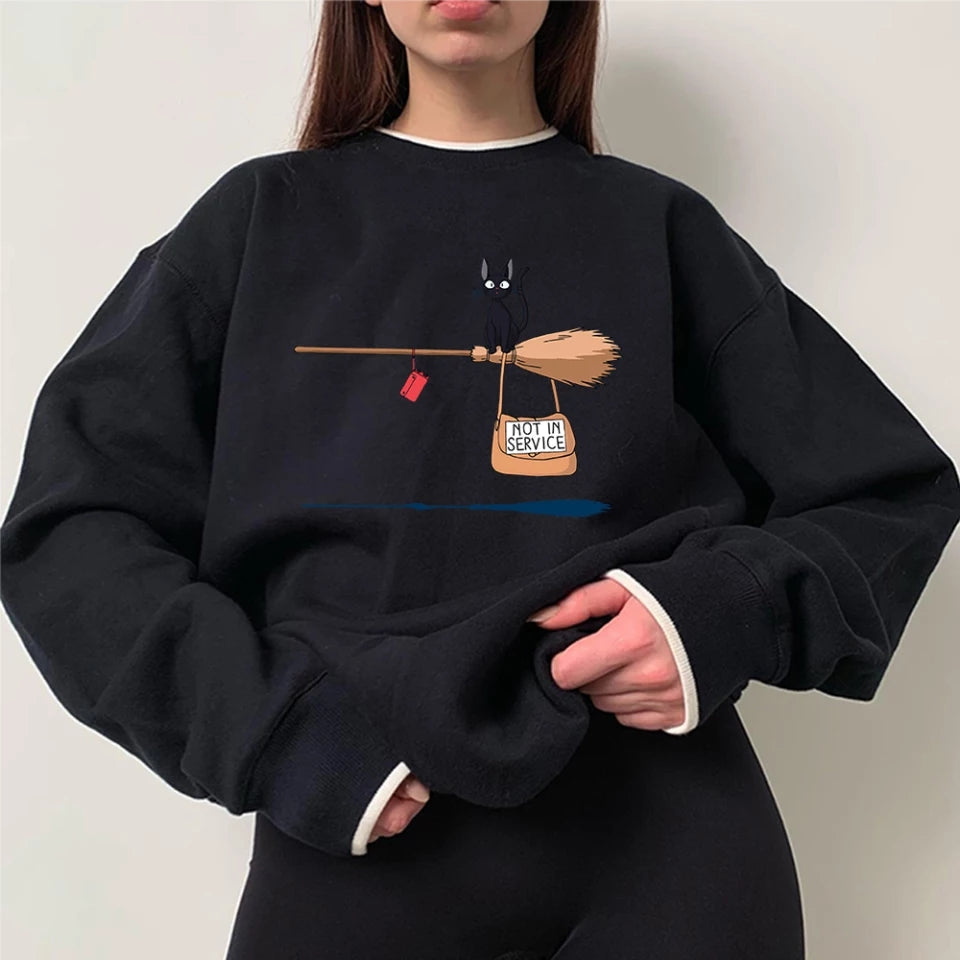 Cute Black Cat Japanese Anime Cartoon Print Oversized Fleece Crewneck