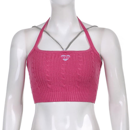 90s Pink Chain Knit Halter Crop Top Backless Tank Sleeveless Shirt Summer Aesthetic Casual E-Girl Kawaii Korean Japanese Harajuku