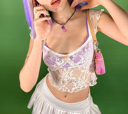 Cute Transparent Lace Mesh Sweet Crop Top Short Sleeve Shirt Tee T-shirt E-Girl Kawaii Korean Japanese Harajuku Chinese Retro Streetwear Aesthetic