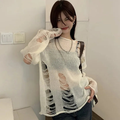 White Hole Ripped Long Sleeve Sweater