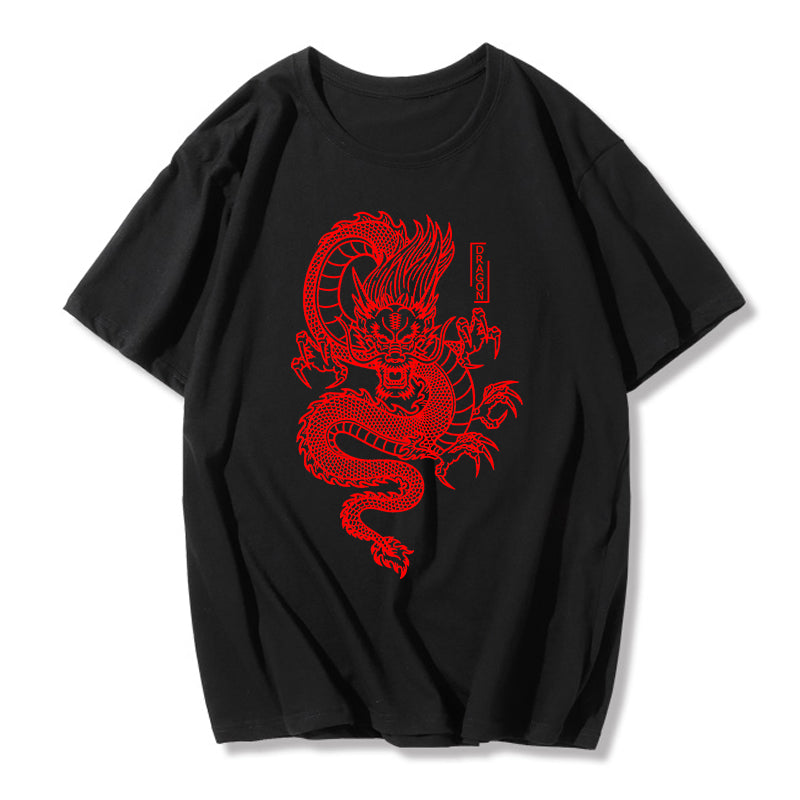 Cute Chinese Dragon Oversized Punk Goth Print Short Sleeve Shirt Tee T-shirt E-Girl Kawaii Korean Japanese Harajuku Chinese Retro Streetwear Aesthetic