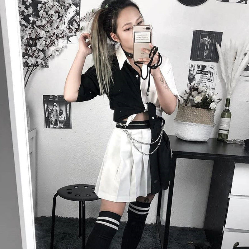 Cute Sexy Black White Patchwork Casual Crop Short Sleeve Shirt Tee T-shirt E-Girl Kawaii Korean Japanese Harajuku Chinese Retro Streetwear Aesthetic