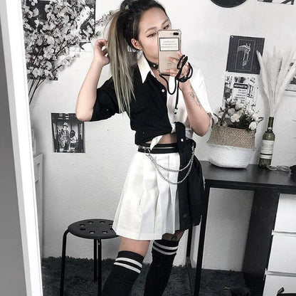 Cute Sexy Black White Patchwork Casual Crop Short Sleeve Shirt Tee T-shirt E-Girl Kawaii Korean Japanese Harajuku Chinese Retro Streetwear Aesthetic