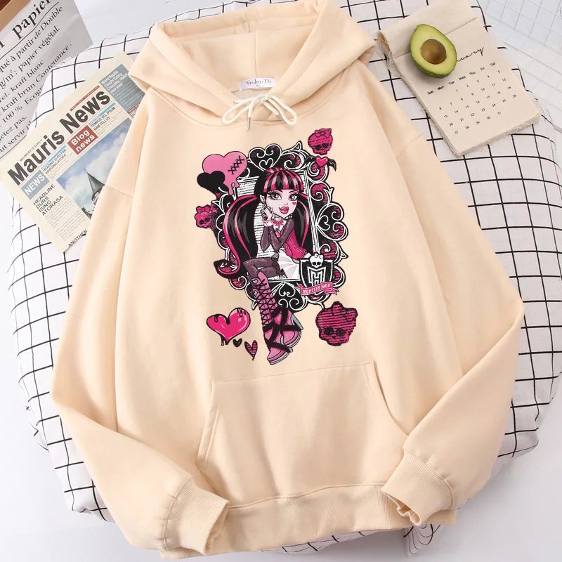 Cute Girl Monster Cartoon Print Long Sleeve Hoodie Sweater Sweatshirt Pullover Aesthetic Casual Summer E-Girl Kawaii Korean Japanese Harajuku