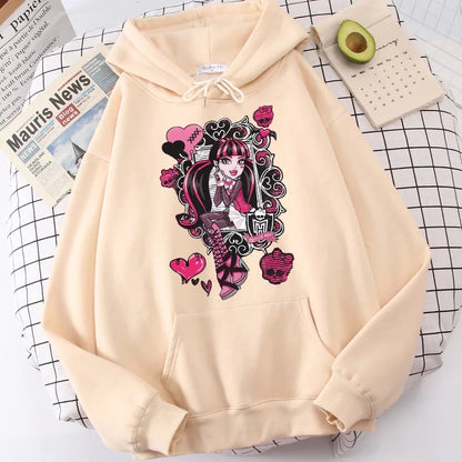 Cute Girl Monster Cartoon Print Long Sleeve Hoodie Sweater Sweatshirt Pullover Aesthetic Casual Summer E-Girl Kawaii Korean Japanese Harajuku