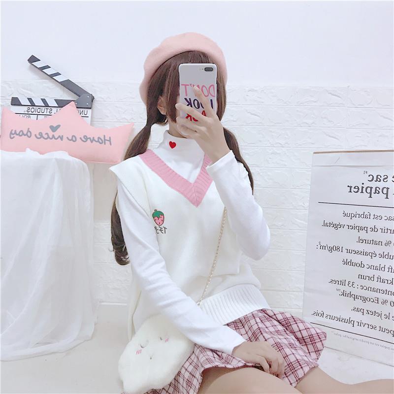 Cute Strawberry Peach Embroidery Knit Vest Sweater Sweatshirt Pullover Long Sleeve Shirt Casual E-Girl Kawaii Korean Japanese Harajuku Streetwear