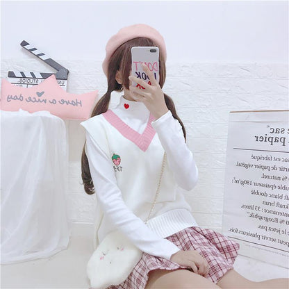 Cute Strawberry Peach Embroidery Knit Vest Sweater Sweatshirt Pullover Long Sleeve Shirt Casual E-Girl Kawaii Korean Japanese Harajuku Streetwear