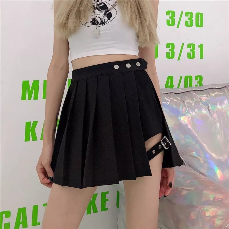 Black Punk Pleated Ruched Mini Skirt Summer Aesthetic Casual E-Girl Kawaii Korean Japanese Harajuku