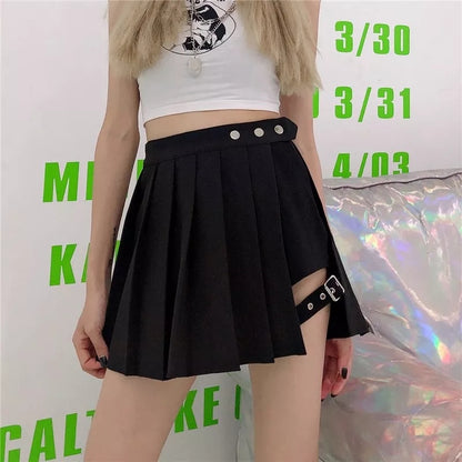 Black Punk Pleated Ruched Mini Skirt Summer Aesthetic Casual E-Girl Kawaii Korean Japanese Harajuku