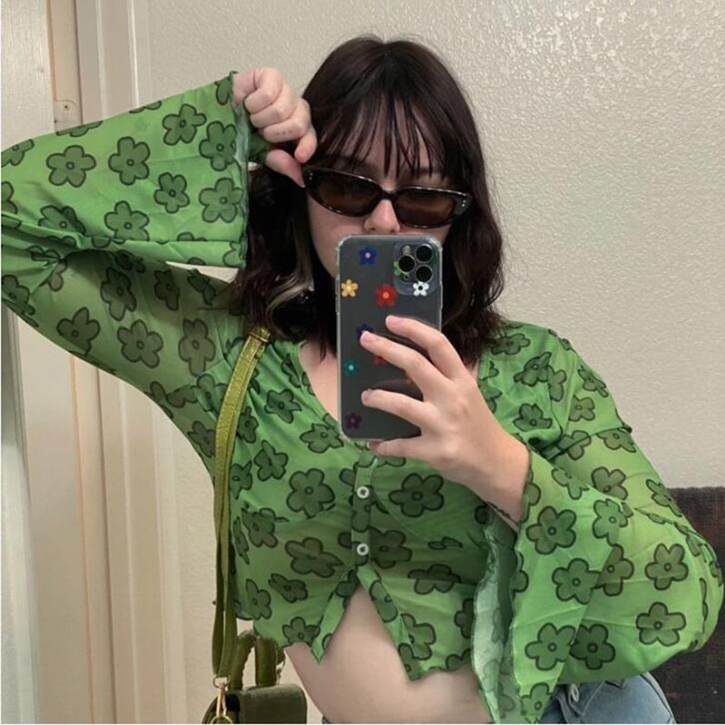 Cute Sexy Vintage 90s Green Flower Lantern Bell Sleeve Long Sleeve Shirt Crop Top Mesh Aesthetic E-Girl Kawaii Korean Japanese Harajuku Streetwear