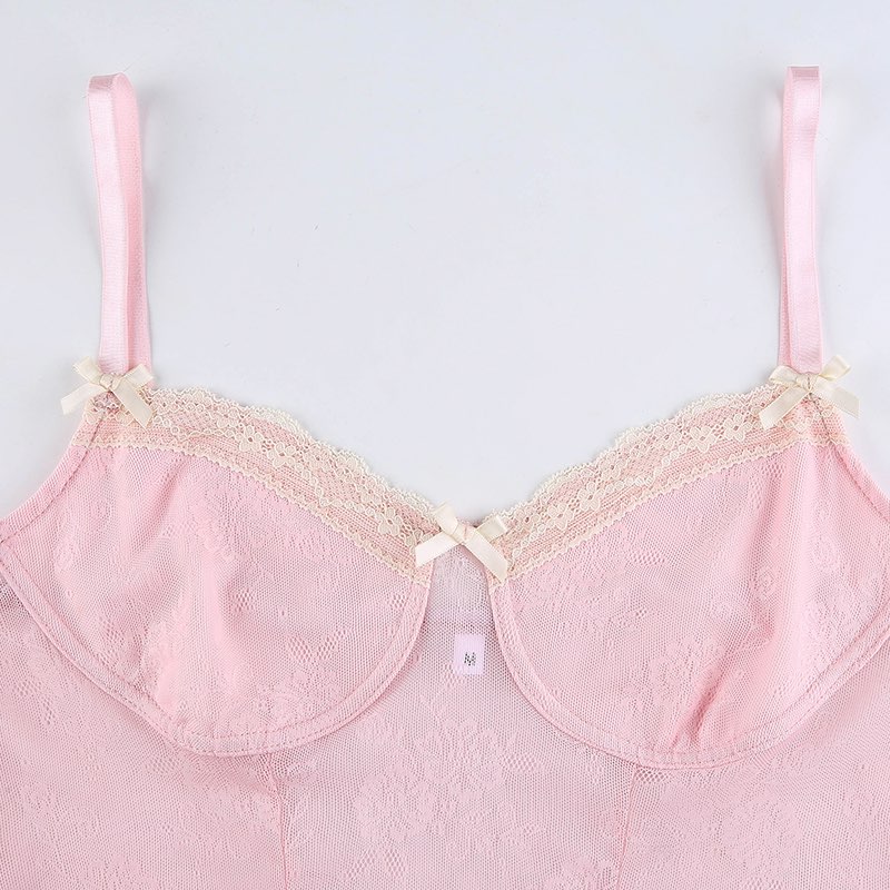Cute Sexy Pink Sweet Lace Trim Bow Crop Top V Neck Transparent Sleeveless Shirt Summer Party E-Girl Kawaii Korean Japanese Harajuku Streetwear