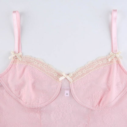 Cute Sexy Pink Sweet Lace Trim Bow Crop Top V Neck Transparent Sleeveless Shirt Summer Party E-Girl Kawaii Korean Japanese Harajuku Streetwear