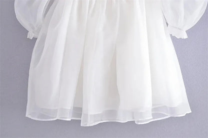 White Puff Sleeve A-Line High Waist Mini Dress