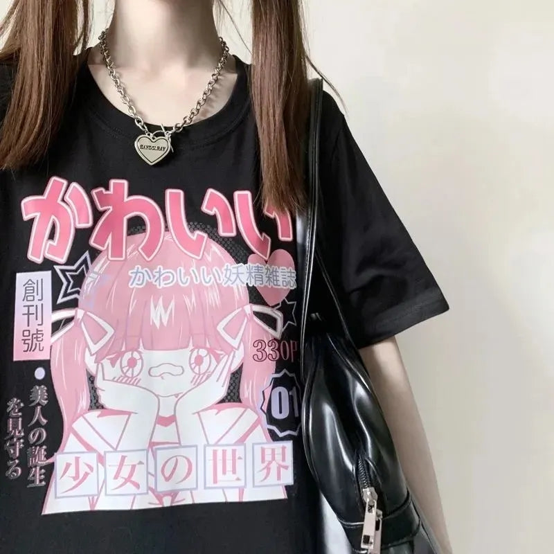 Pink 2D Anime Girl Print Short Sleeve T-shirt