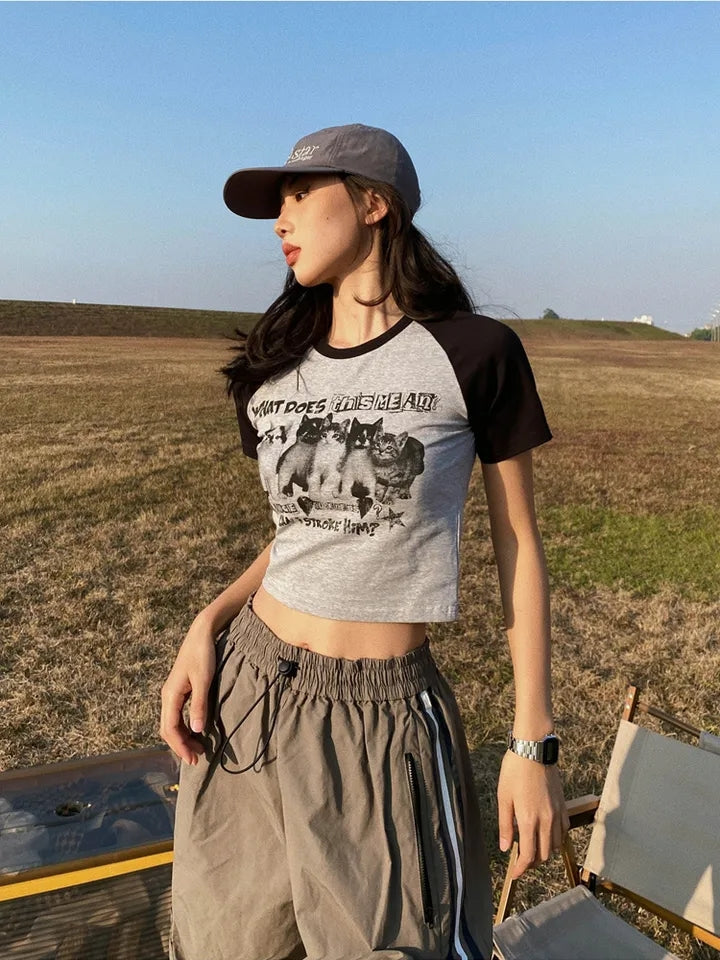 Cat Print Crop Short Sleeve T-shirt