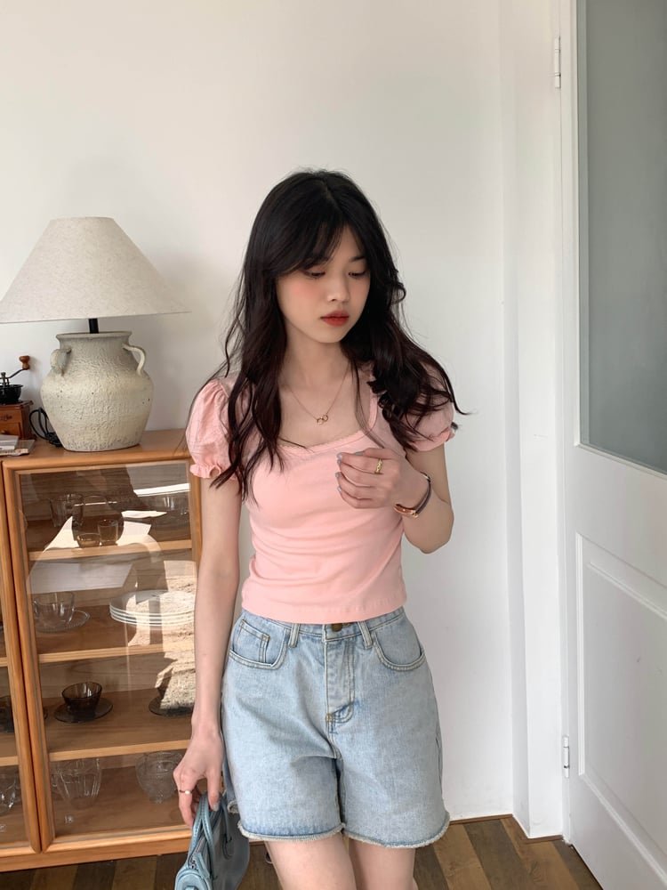 Pink Puff Sleeve Square Collar Top