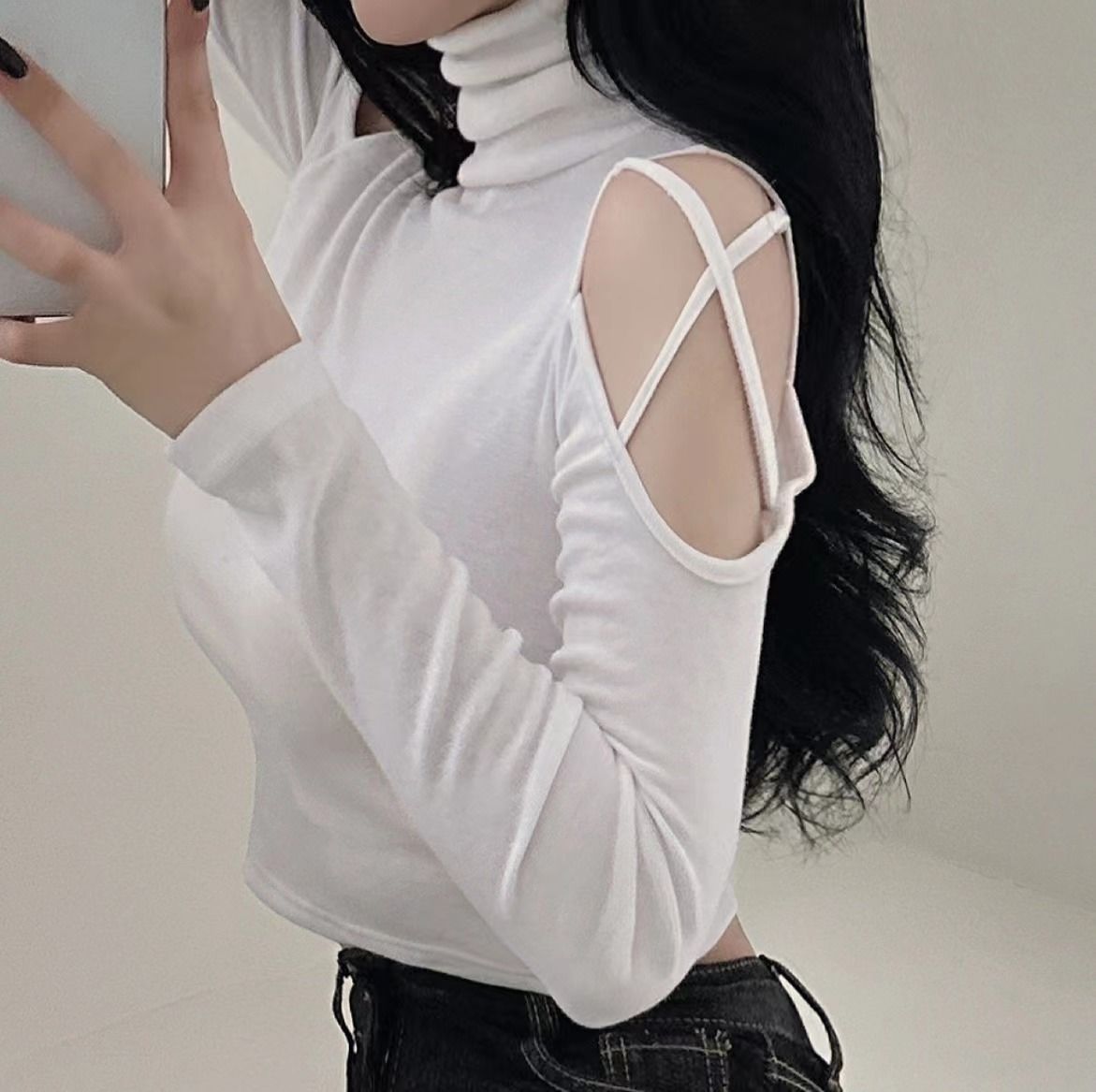 Turtleneck Hollow Out Long Sleeve Crop Top