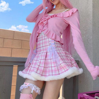 Cute Pink Plaid Feather Lace Up Pleated High Waist A-line Mini Skirt Summer Aesthetic Casual E-Girl Kawaii Korean Japanese Harajuku