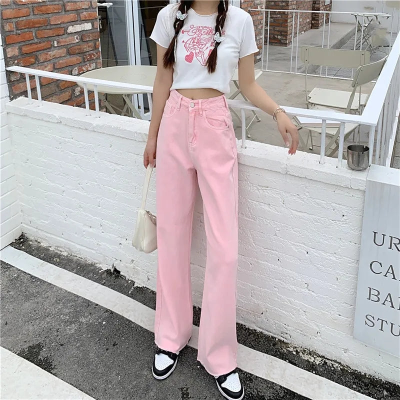 Pink Peach Embroidery Denim Pants